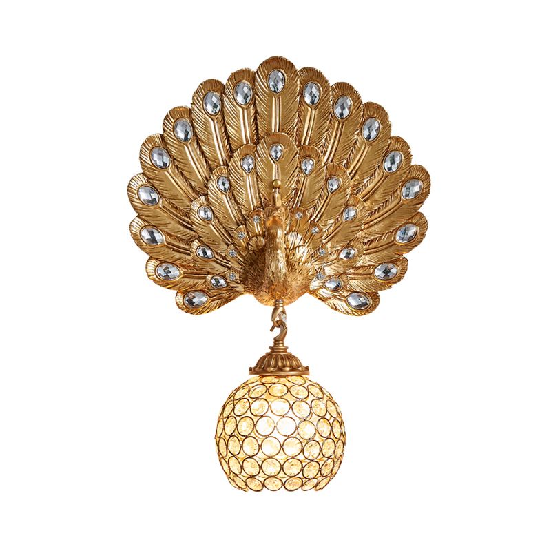 Crystal Globe Sconce Light Fixture Traditional 1 Light Bedroom Wall Mounted Light with Blue/Gold/White Peacock Backplate