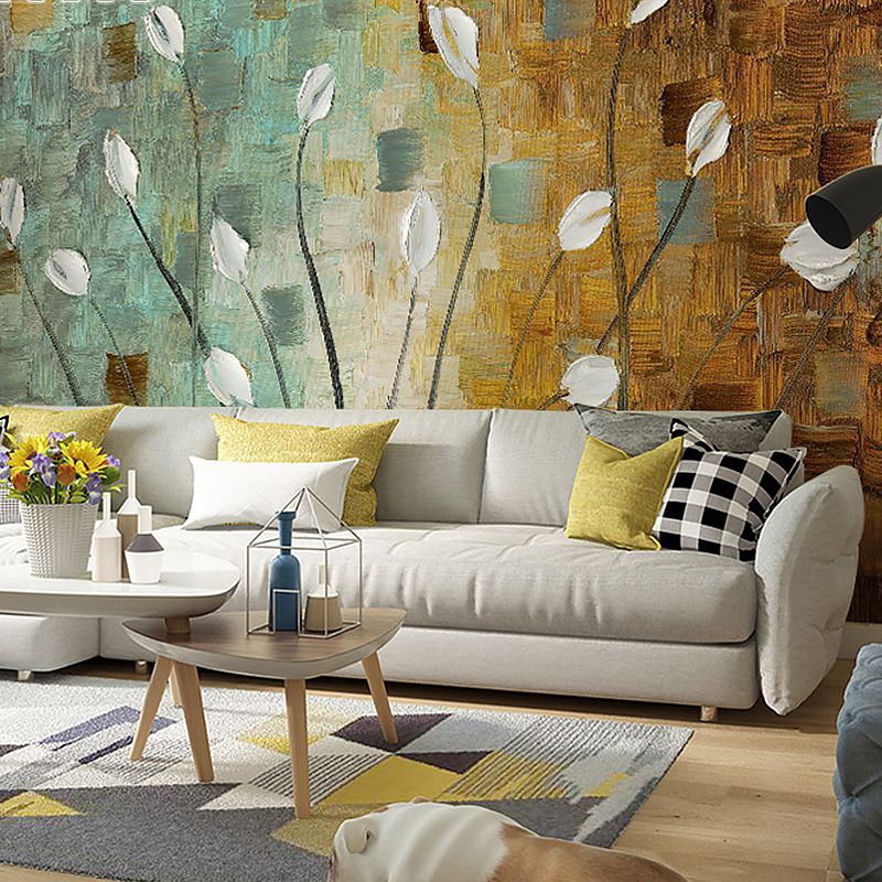 Giant European Mural Wallpaper Blue and Brown Calla Wall Art, Made to Measure