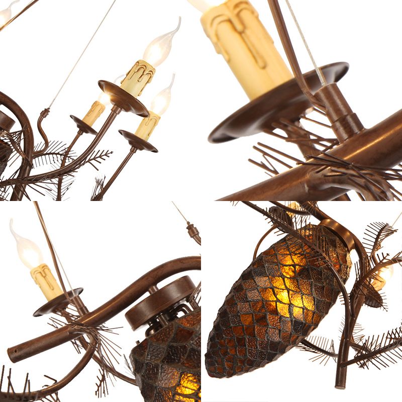 Metal Coffee Pendant Lamp Pinecone 9 Lights Rustic Chandelier Light Fixture for Dining Room