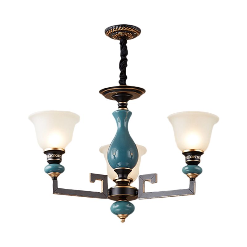 Blue-Black 3/5/6 Heads Pendulum Light Vintage Style Milky Glass Bell Shaped Hanging Chandelier