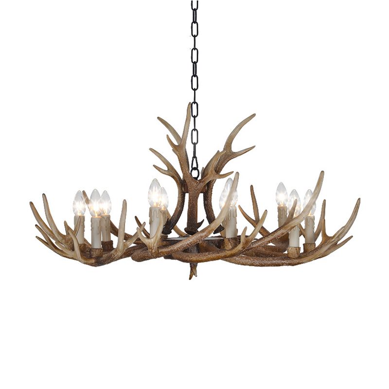 Brown 4/6/8 têtes CHANDELIER LIGHTING RUSTIC Resin Resin Candle Suspension Lampe avec bois pour salle à manger