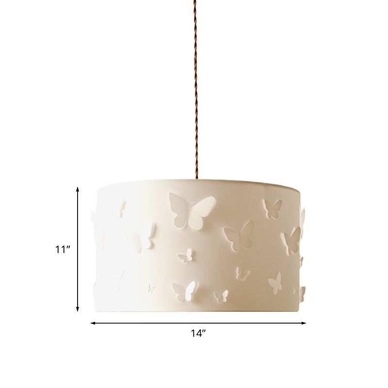 Minimaliste à 1 lumière Drop pendentif Pleen blanc Butfly Ombellifhed Drum suspendu lampe avec de l'ombre en tissu