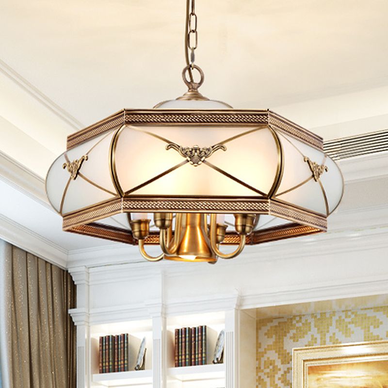 Esagono di ottone esagono sospeso lampadario in raso coloniale opale vetro a 5 luci sala da pranzo ciondolo a soffitto