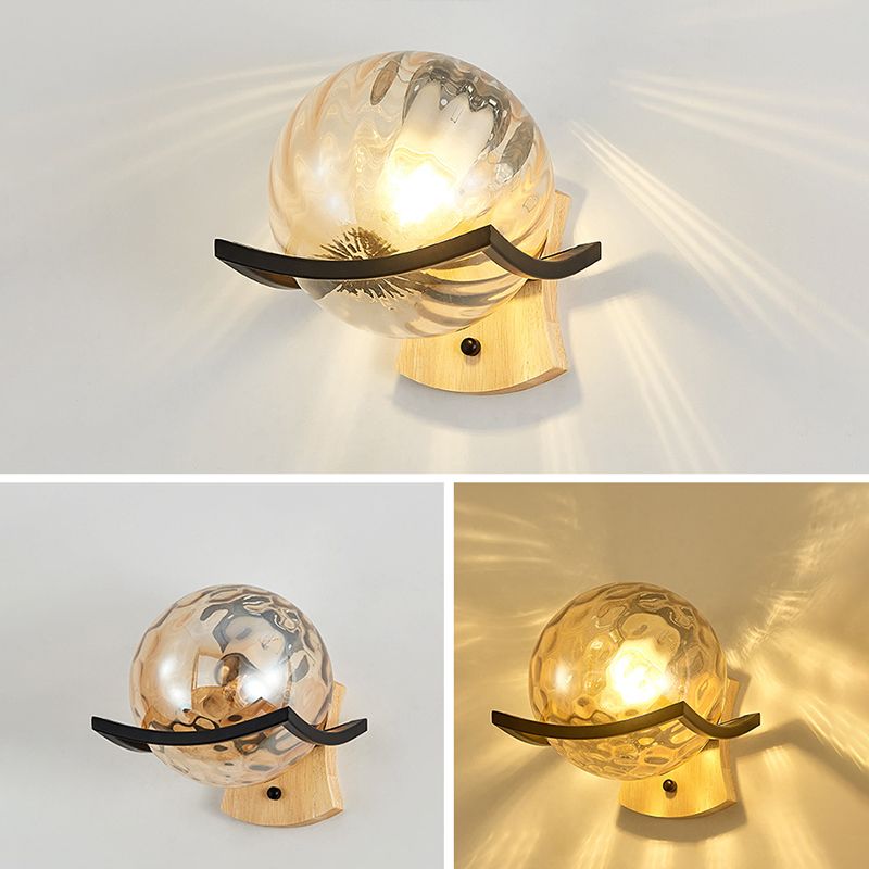 Modern Style Wooden Wall Sconce Glass Shade 1 Light Wall Mount Light Fixture for Living Room