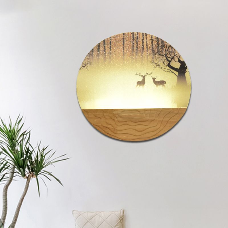 Acrylic Circular Shaped Wall Mounted Light Minimalist Style LED Wall Mural Lamp in Wood with Tree/Elk Pattern
