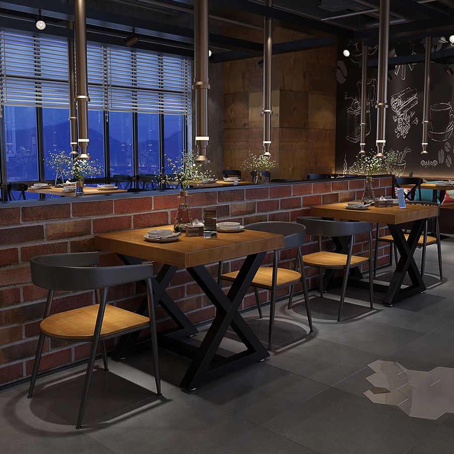 Industrial Wood Dining Table for Restaurant Square Table with Trestle Base