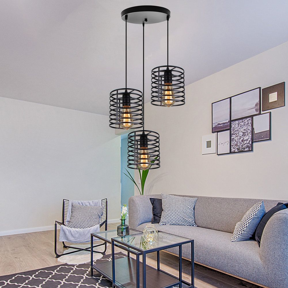 Cylindrical Metallic Hanging Light with Cage Shade Industrial 3 Bulbs Dining Room Suspended Lamp in Black