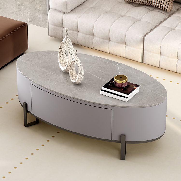 4 Legs Coffee Table Oval Slate Top Cocktail Table with Drawer