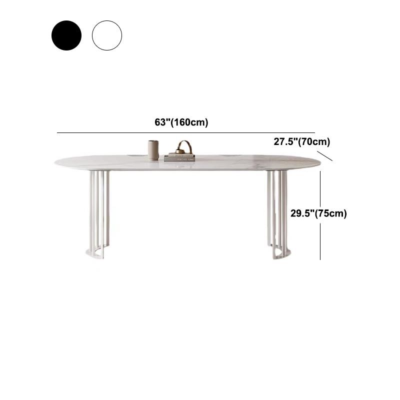 Modern White Stone Top Dinner Table Oval Metal Double Pedestal Dining Table