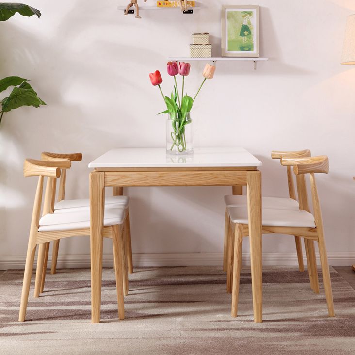 Middeleeuwse moderne marmeren rechthoekige tafel witte tafel met houten basis en 4 poten