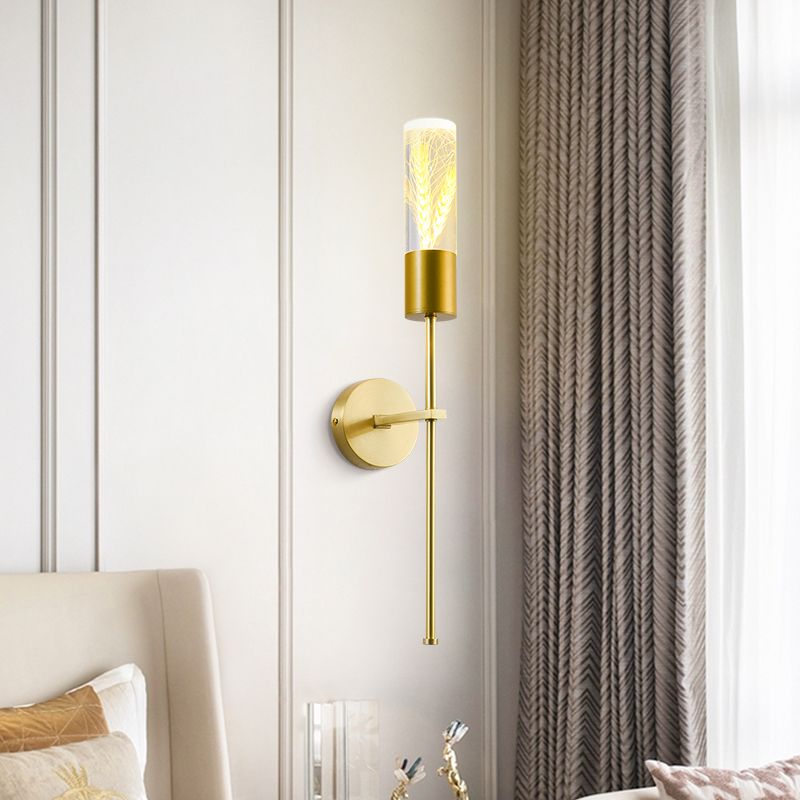 LED Wall Lighting Ideas Traditional Pencil Arm Metal Wall Mounted Lamp in Brass with Ear of Wheat Deco
