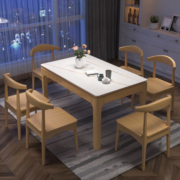 Mesa de comedor rectangular moderna de mediados de siglo, mesa de piedra sinterizada con base de 4 patas