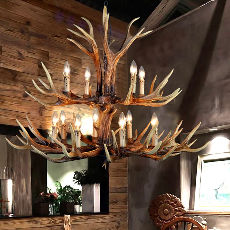 2-Tier Hanging Lamp Rustic Resin 12/15 Bulbs Brown Chandelier Pendant Light for Kitchen Island