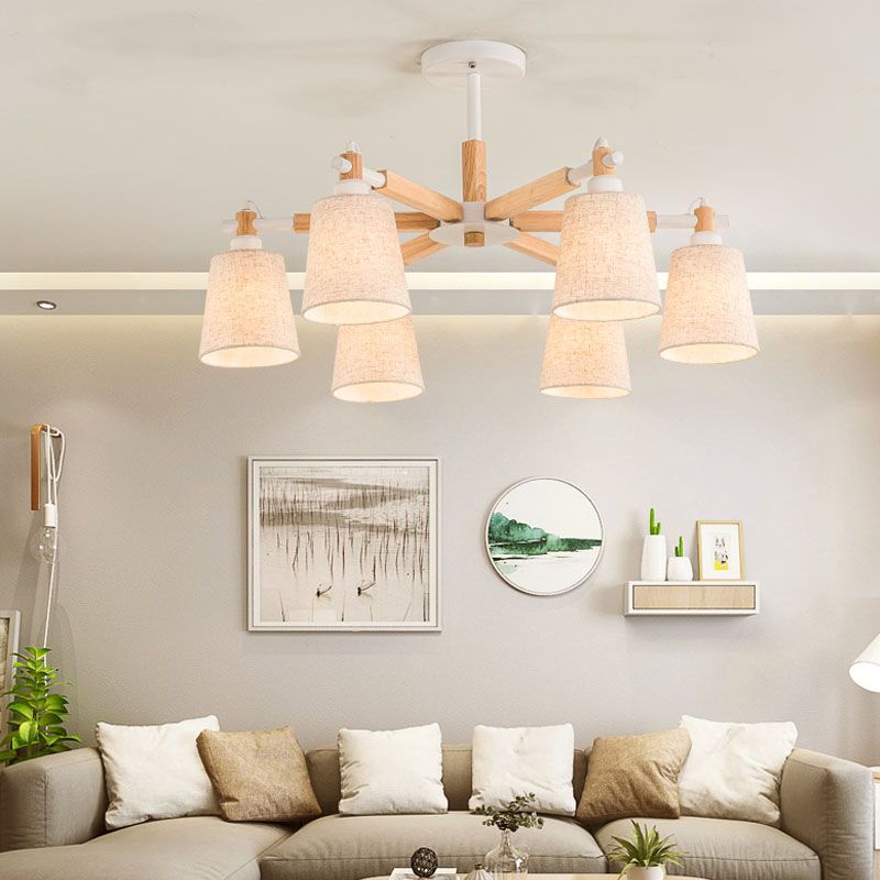 Tapered Fabric Ceiling Pendant Light Contemporary 6 Heads Black/White Chandelier Light Fixture