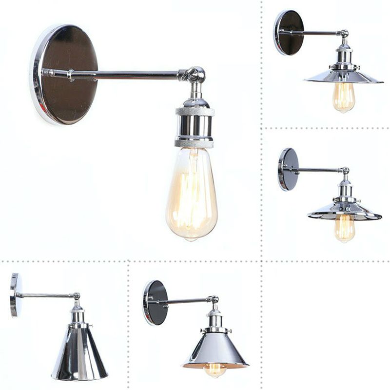 Chrome Finish 1-Light Wall Light Kit Industrial Iron Cone/Saucer/Shadeless Swivelable Reading Wall Lamp