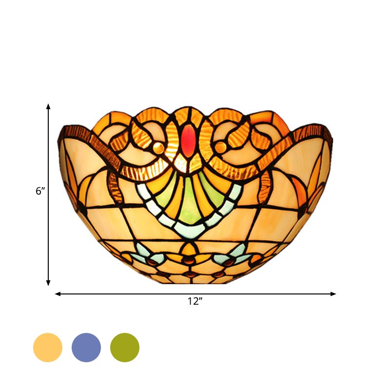 1-Head Flush Wall Sconce Tiffany Style Bowl Shade Stained Glass Wall Light Fixture
