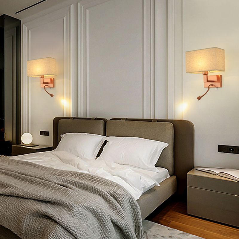 Rectangle Fabric Shade Wall Sconce in Pink Iron Wall Lighting Fixture