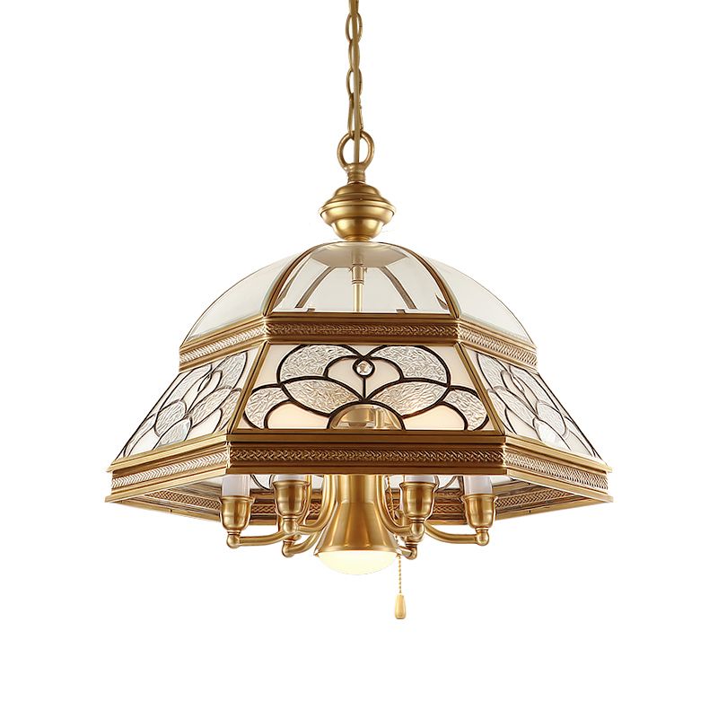 Sandblasted Glass Gold Chandelier Dome 6/7 Lights Colonialism Down Lighting Pendant for Living Room, 19.5"/21" W