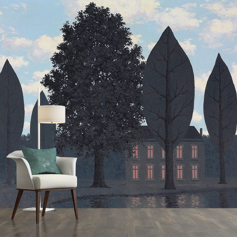 Blue-Green Surreal Wall Murals Large Lakeside House at Dark Drawing Wall Decor for Home