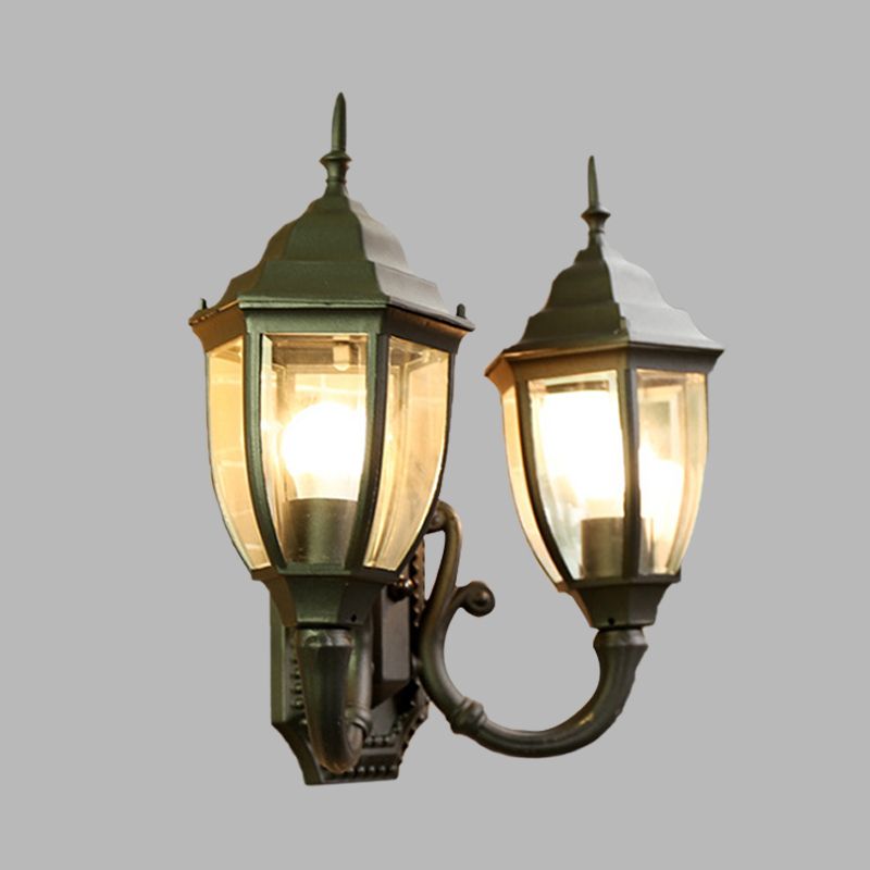 Brass/Black 2 Bulbs Wall Mounted Lighting Farmhouse Clear Glass Acorn Sconce Lamp with Curved Arm