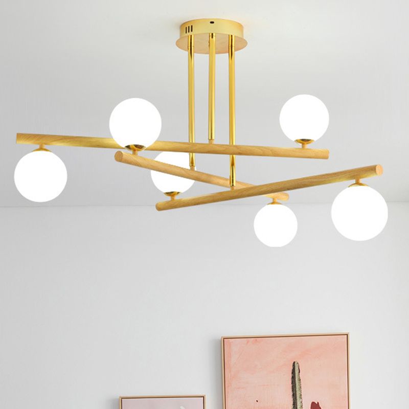 White Glass Bubble Chandelier Modern Gold and Wood Grain Hanging Light for Living Room