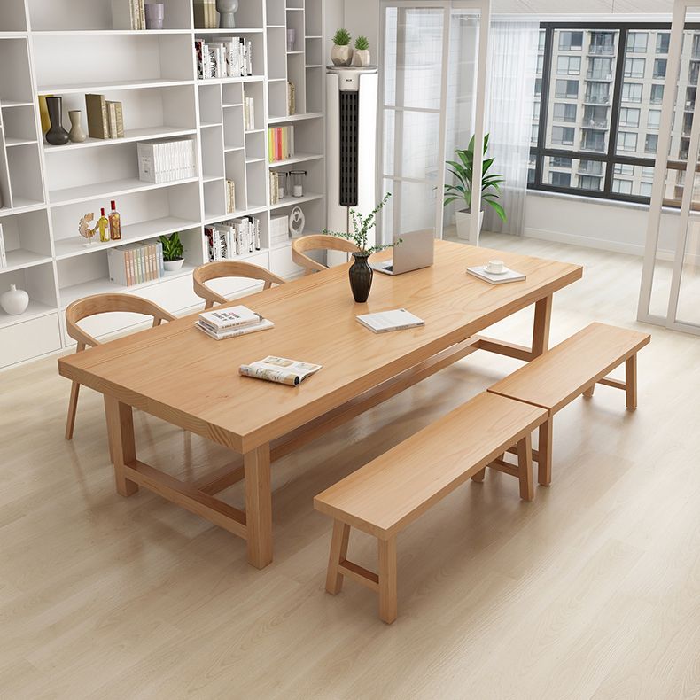 Rectangle Industrial Dining Room Table Pine Solid Wood Table with Trestle Base