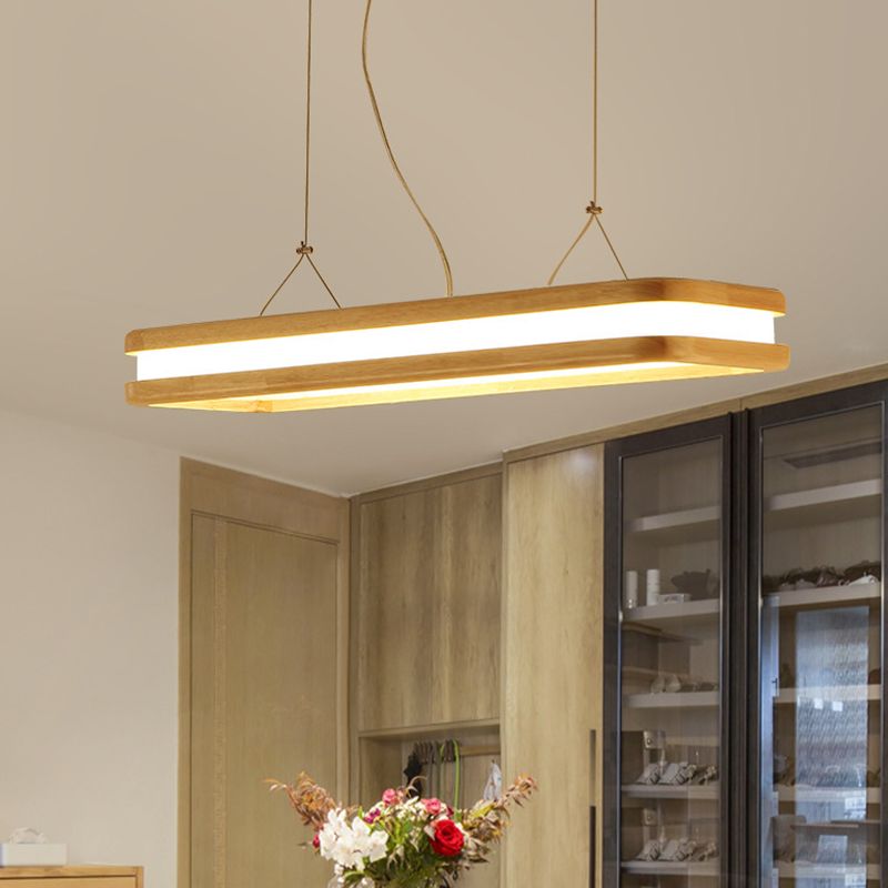 Nordic Simple Wood  Island Light Fixtures Beige Rectangular LED Dining Room Pendant Lighting