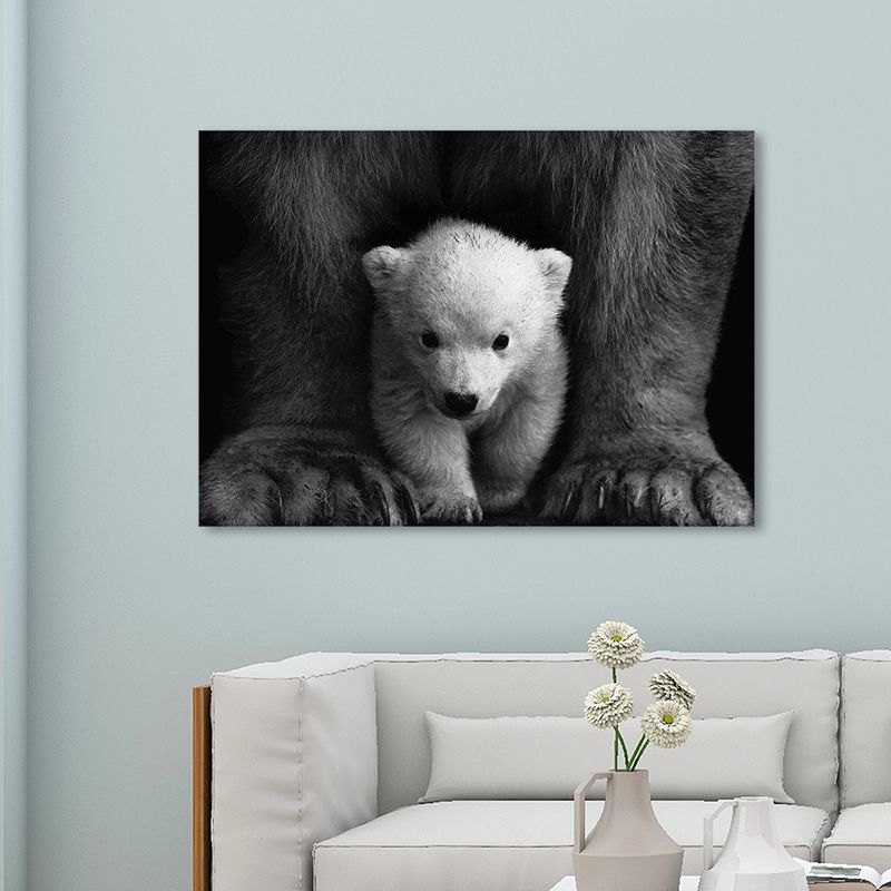 Polar Bear Baby Wall Art Contemporary Textured Canvas Print in Black-Grey for Nursery