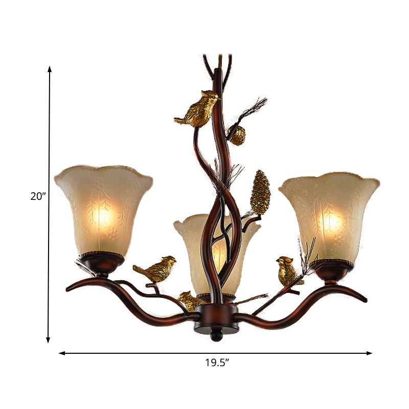 Flower Shaped Living Room Ceiling Chandelier Rustic Frosted Glass 3/6/8 Lights Brown Hanging Fixture with Bird