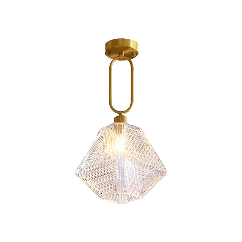 1 Bulb Hexagonal Semi-Flush Light Minimalist Clear Prismatic Glass Ceiling Lamp Kit