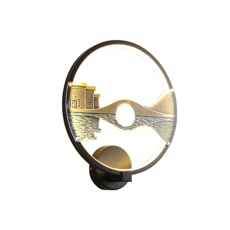 Luminaire d'éclairage circulaire noir / blanc LED LED de montage mural acrylique avec motif de paysage de style chinois, 12 dia "
