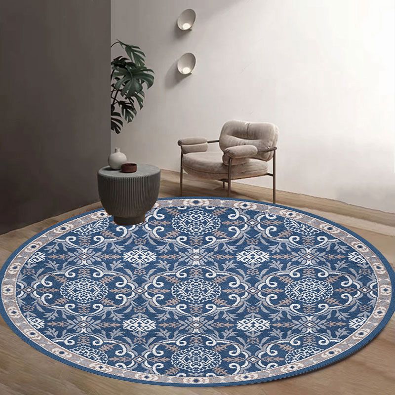 Antique Round Carpet Retro Floral Print Indoor Rug Polyester Non-Slip Backing Carpet for Living Room