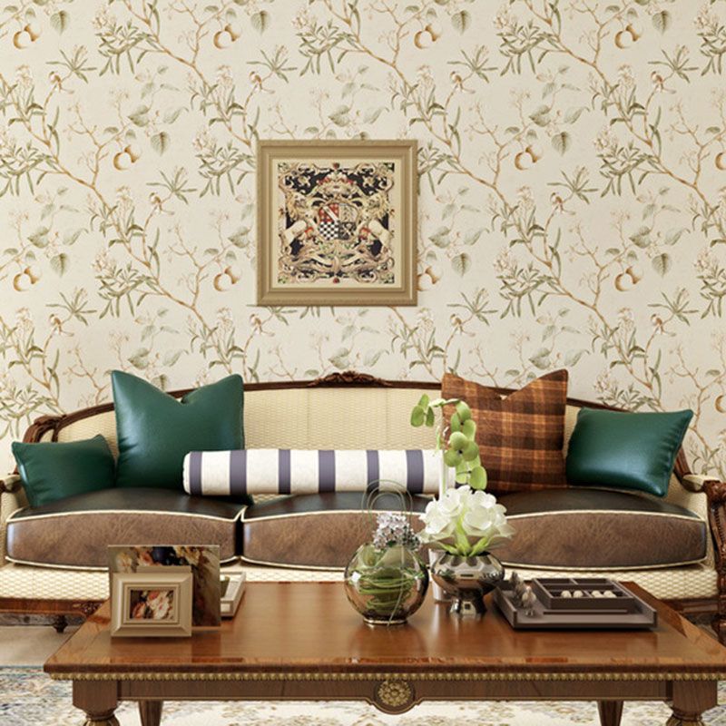 Plaster Wallpaper Roll with Beige and Green Apple Tree Design, 33'L x 20.5"W