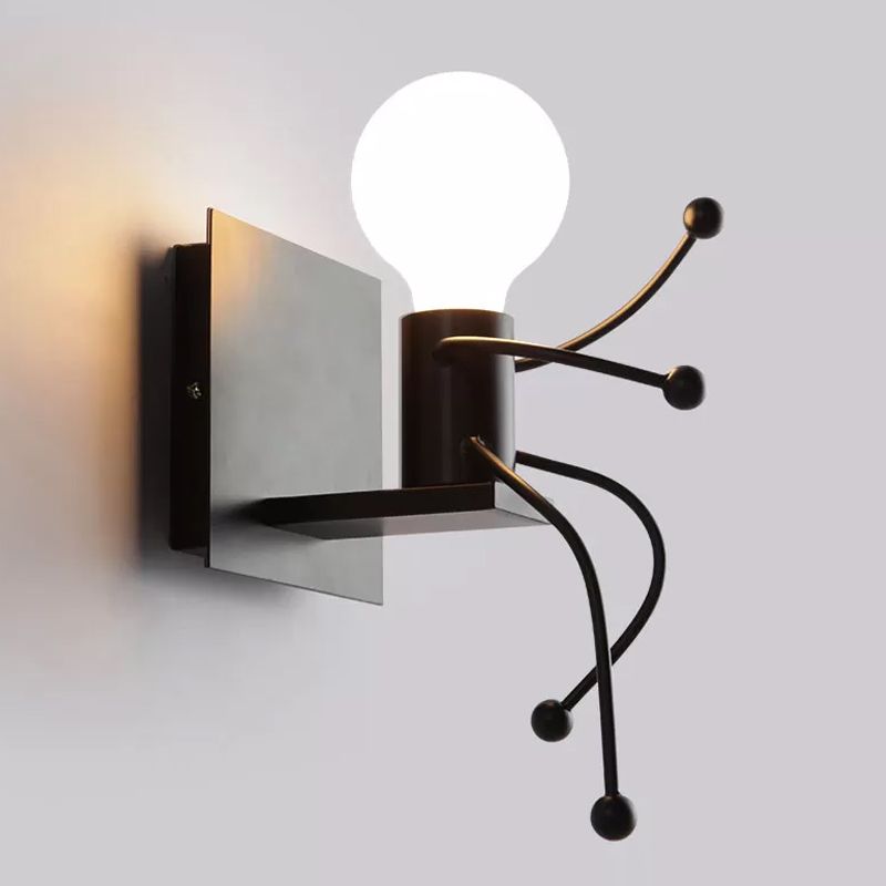Small Man Metal Wall Sconce Light Art Deco 1/2 Bulb White Mur Mount Light For Kids Room