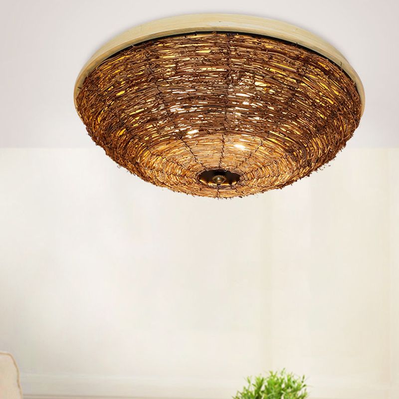 Bowl Flush Ceiling Lamp Tradition Rattan Wood 3 Bulbs Ceiling Light Fixture, 12.5"/16.5" Wide