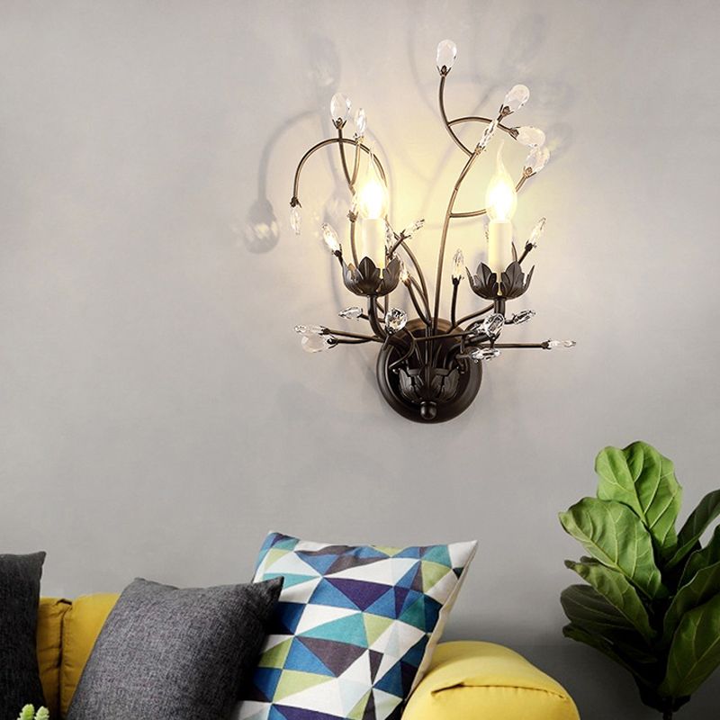 2-Bulb Candlestick Wall Light Fixture Minimalism Black Crystal Sconce Lamp with Branching Design