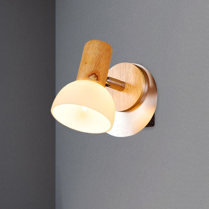 Lámpara de luz materna con copa de madera lámpara de pared de vidrio blanco de leche moderna 1 cabeza