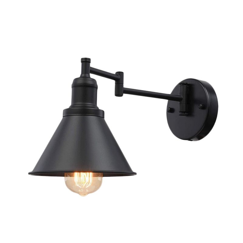 Swing Arm Iron Sconce Lighting Vintage 1 Bulb Coffee Shop Wall Lamp in Black with Conical Shade