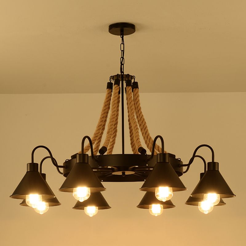 Black Wrought Iron Ceiling Hung Fixtures Vintage Rope Pendant Lighting for Bar