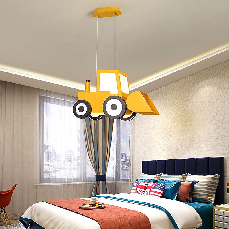 Cartoon Bulldozer LED Chandelier Lamp Metal Boys Bedroom Éclairage en suspension