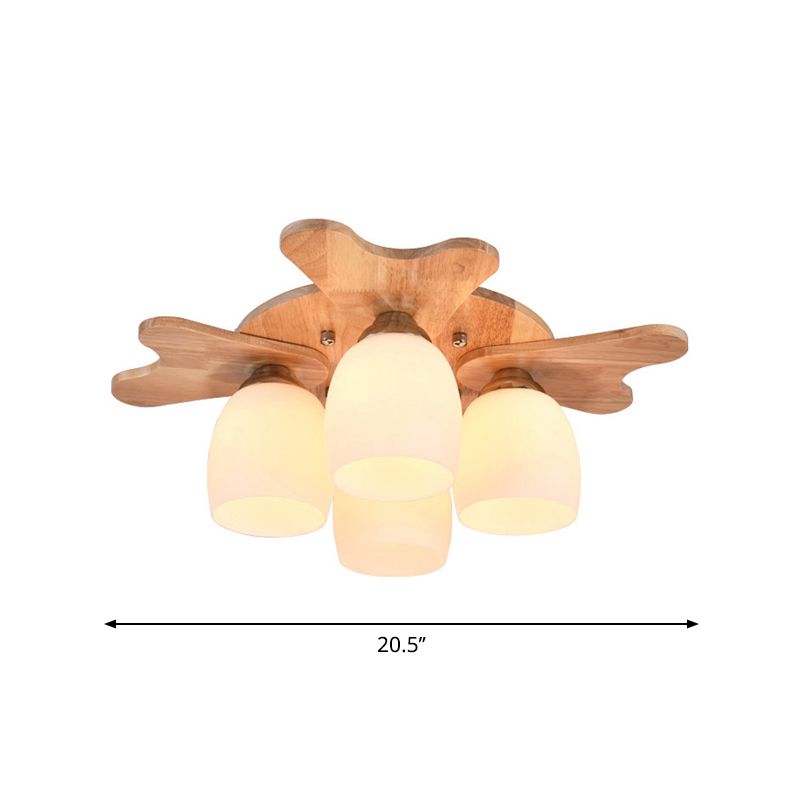 Cream Glass Bell Flush Ceiling Light Nordic 1/5/7-Head Semi Mount Lighting with Antler Top in Wood