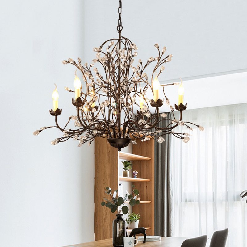 Black Candlestick Chandelier Lighting Traditional Crystal 6 Lights Bedroom Ceiling Lamp with Branch Design