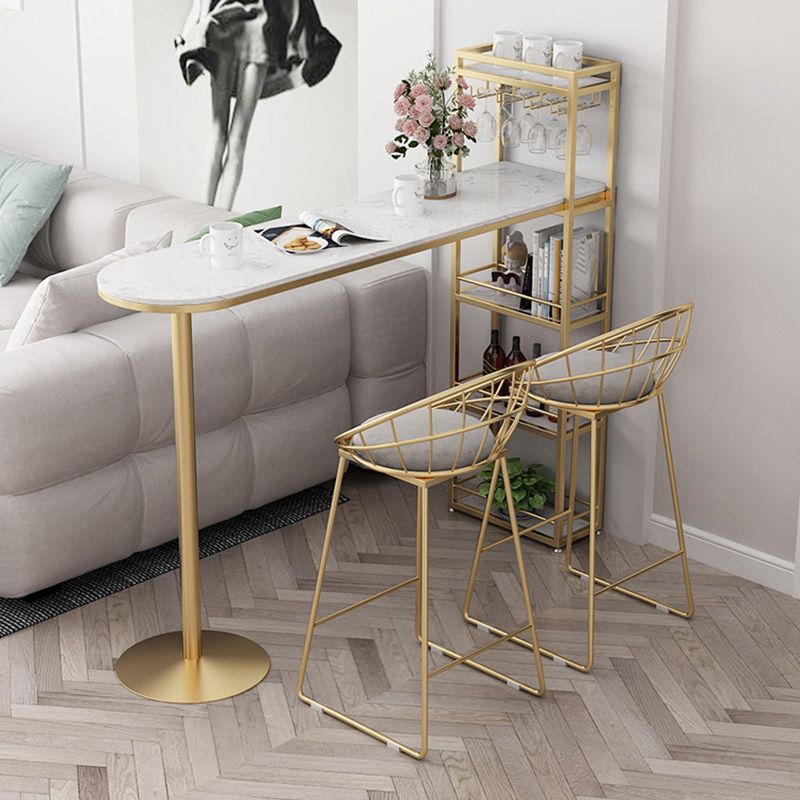 Faux Marble Bistro Bar Table Rectangle Metal Base Bar Table with Shelves