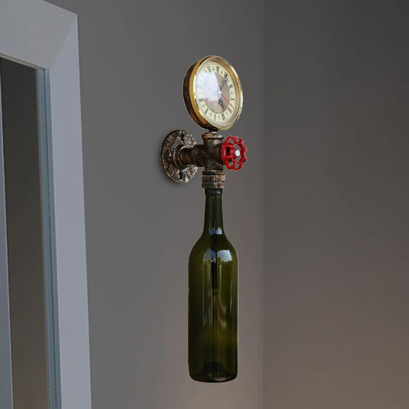 Brown/Blue Bottle Wall Sconce Lamp Vintage Stylish Glass 1 Bulb Living Room Wall Lighting with Gauge and Valve