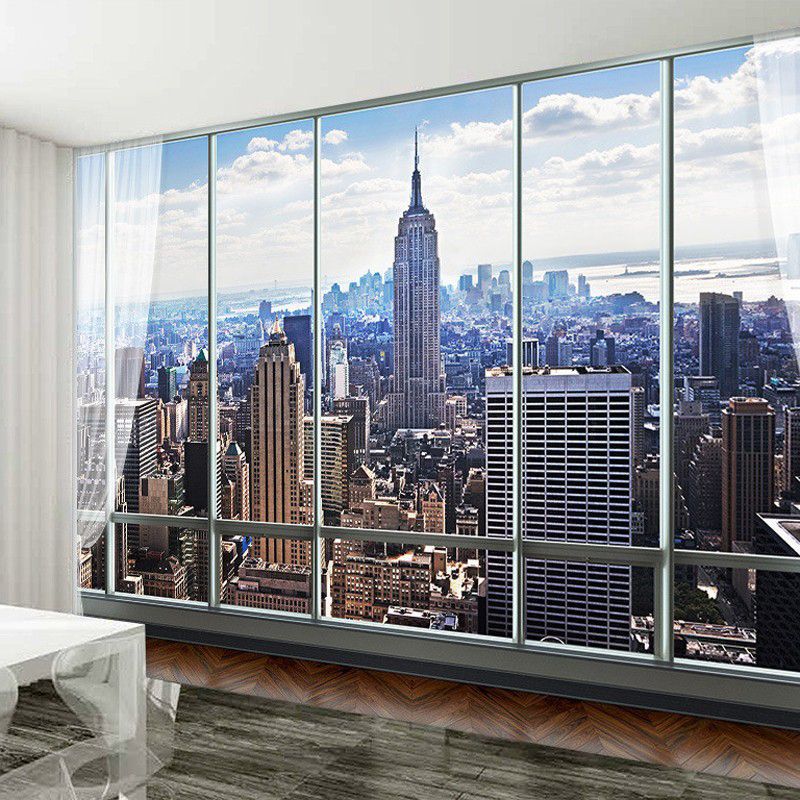 Waterproofing 3D City Wall Art Contemporary Mural Wallpaper for Meeting Room in Blue and Brown