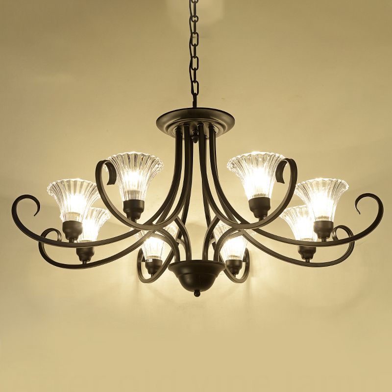 Klares geripptes Glas ausgestattet Kronleuchter Retro -Salondecke -Anhänger Licht mit Wirbelarm in Schwarz