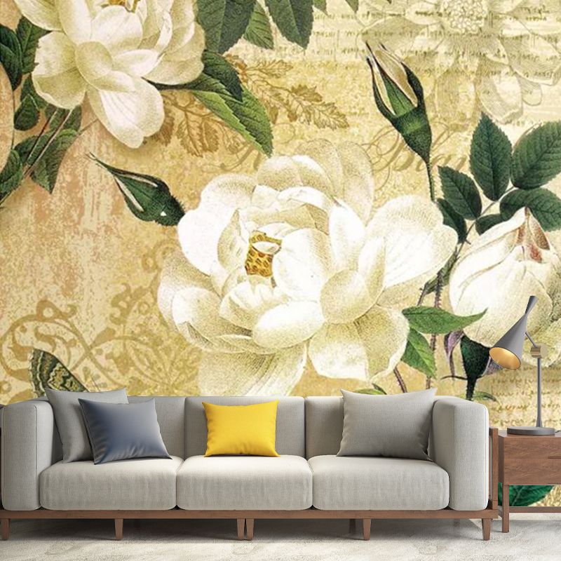Peony and Script Print Mural White and Brown Vintage Wall Art for Home Decoration