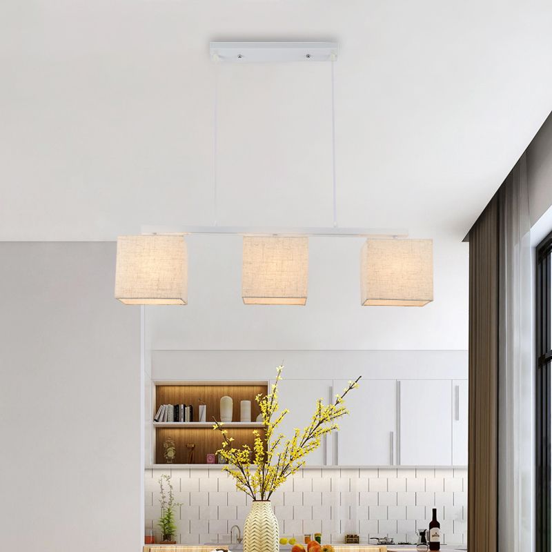 Lampada dell'isola quadrata/tamburo Tessuto moderno in tessuto 3 teste BIANCO BIFFING LIGHT PER CUCINA