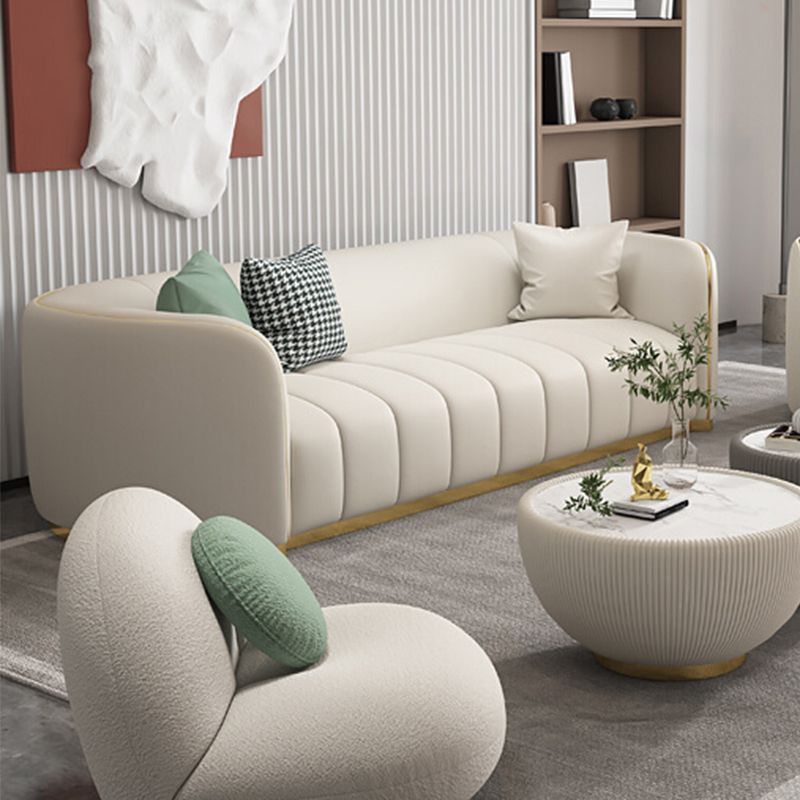Genuine Leather Sofa Contemporary Simple Sloped Arm Sofa in Beige