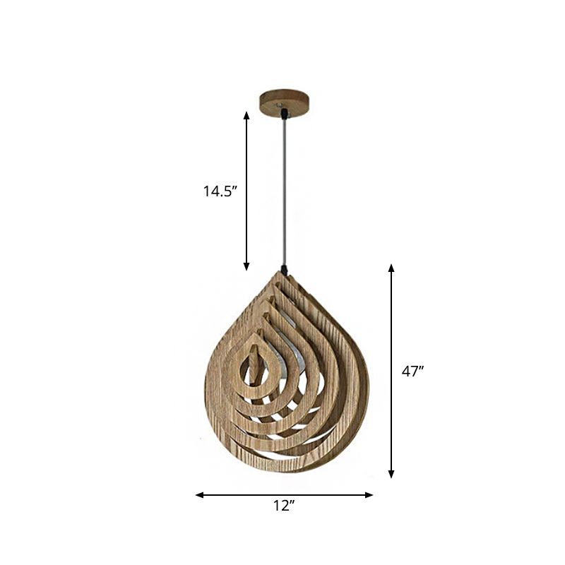 Hollowed-out Droplet Pendant Lighting Modern Wood 1-Light Bedside Down Lighting in Beige